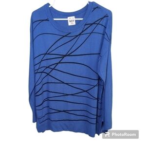 Planet by Lauren G Blue Modal/Pima Cotton Blend Sweater Black Stripes Size Large